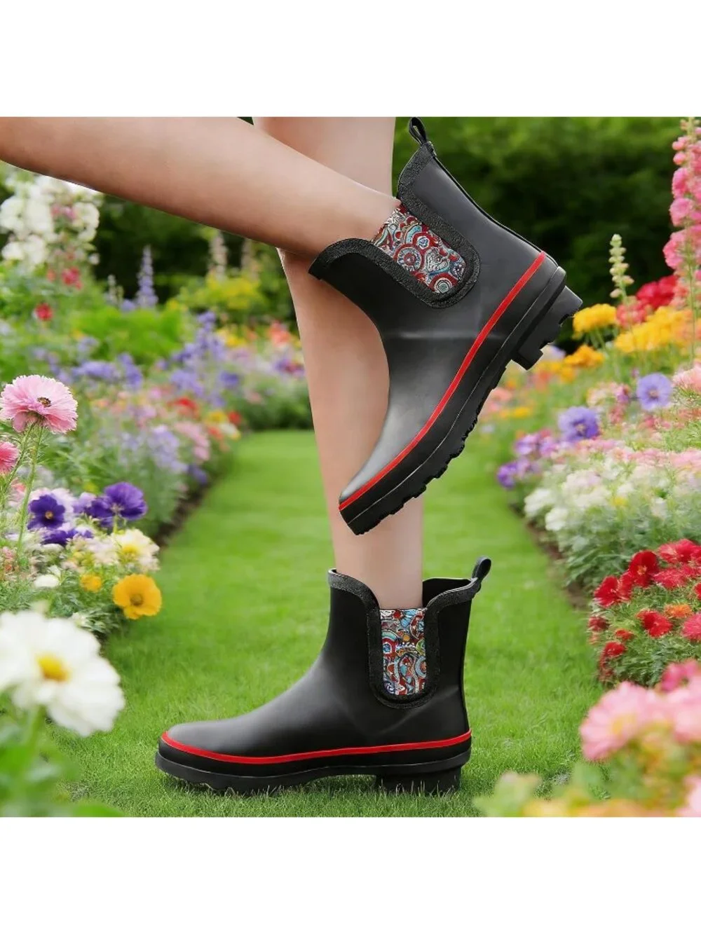 Women's Black Light Ankle Garden Anti-Slipping Floral Printed Stylish Rain Boots